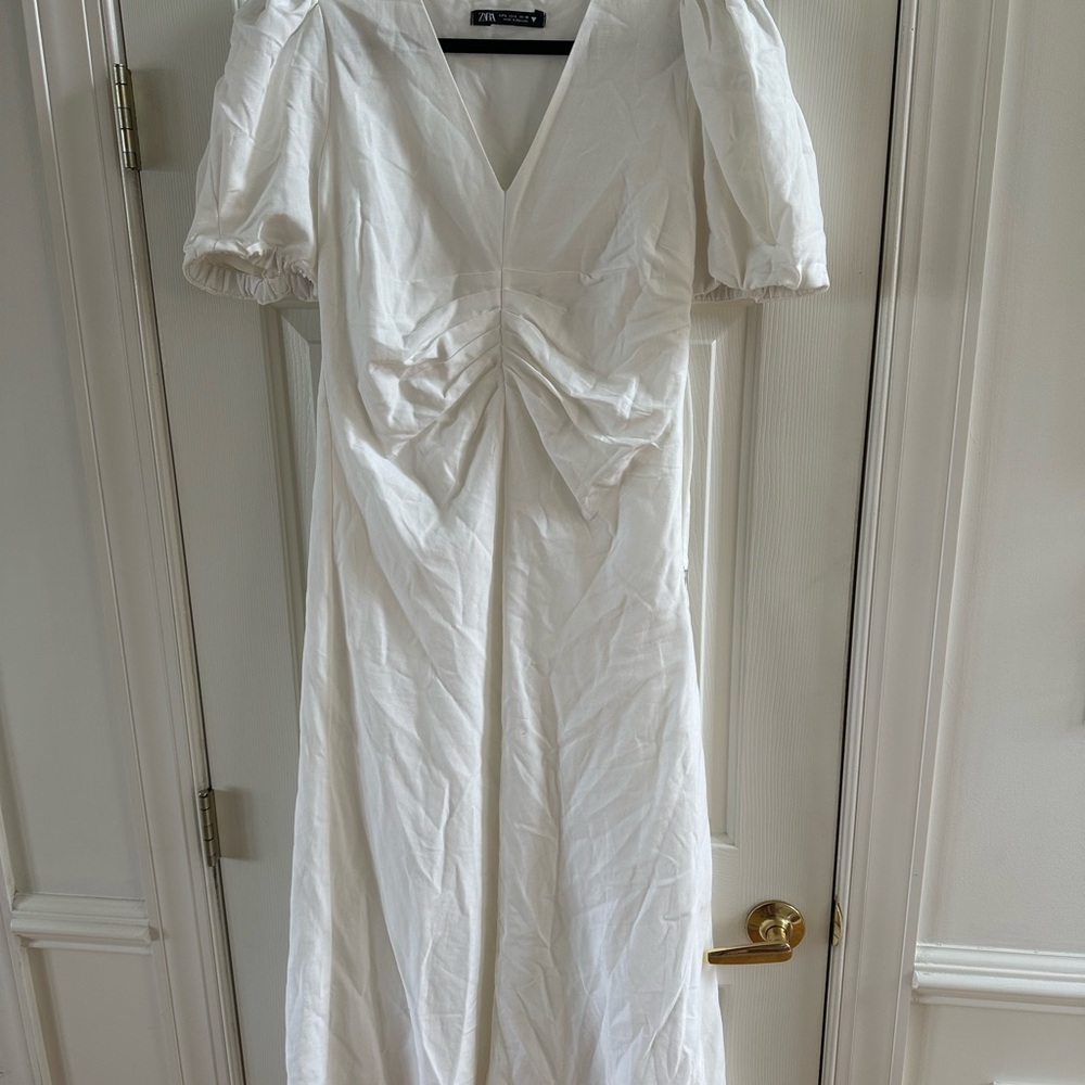Elegant White Puff Sleeve Zara linen Dress